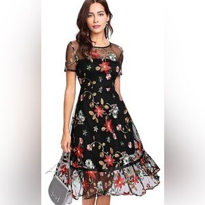 Floral Embroidery Mesh Overlay Ruffle Dress